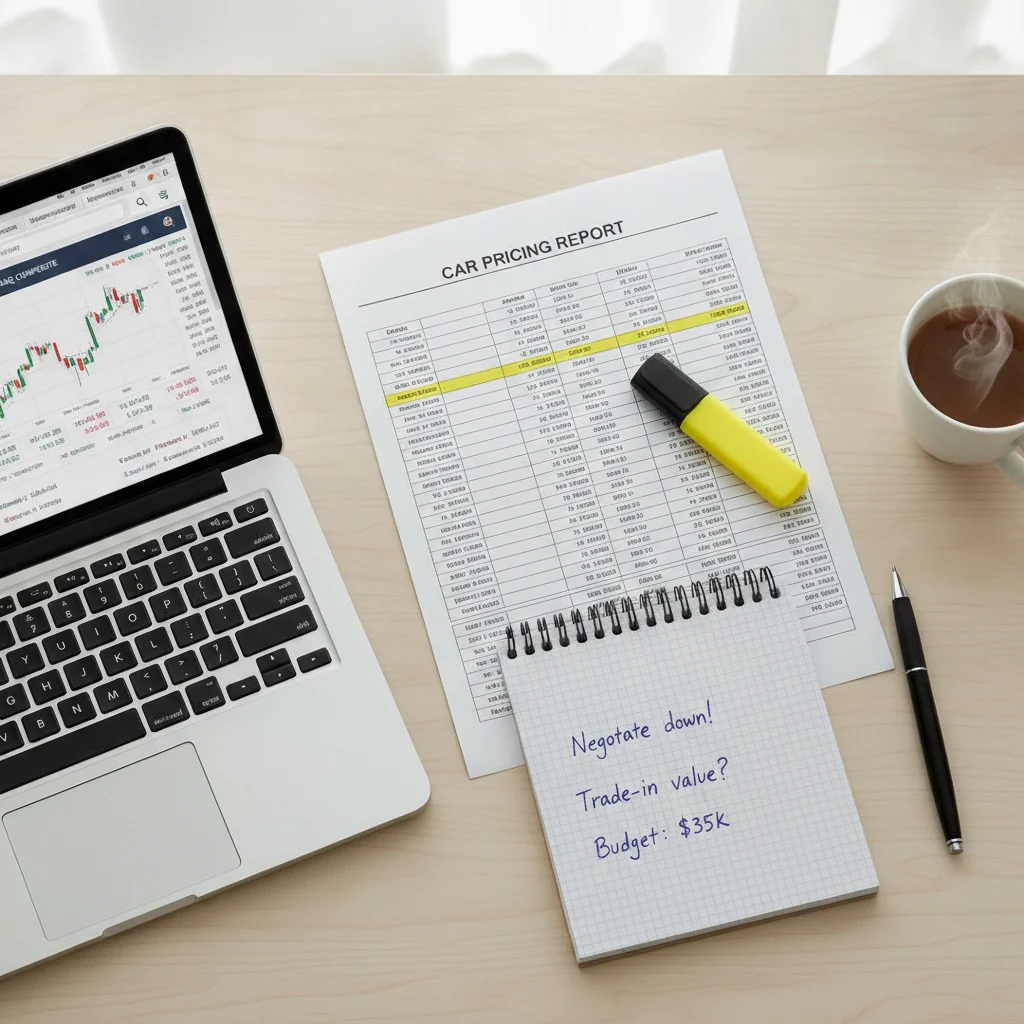 Printed car pricing research, laptop, and handwritten negotiation notes spread across a desk