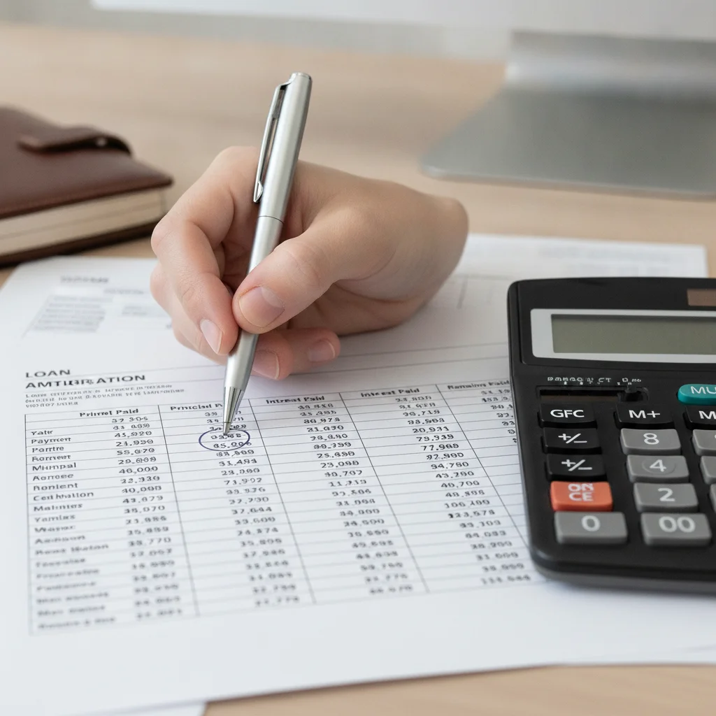 Hand circling total interest figures on a printed auto loan amortization schedule with a pen