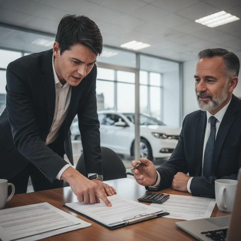 Car buyer reviewing a contract document with a dealership finance manager at a desk