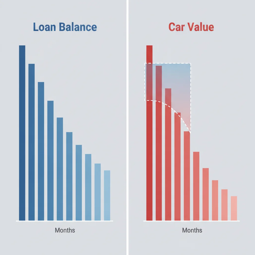 Infographic comparing declining loan balance versus steeper vehicle depreciation curve over 72 months