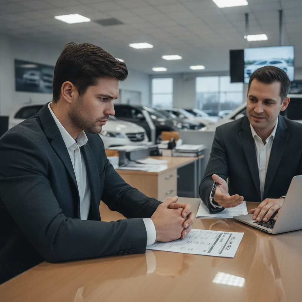 Car buyer reviewing trade-in paperwork at a dealership desk with a concerned expression