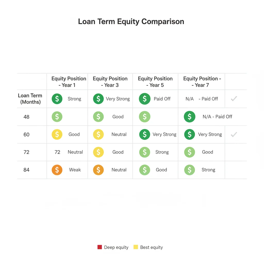 Visual table comparing loan term lengths and their impact on equity position after 12 months