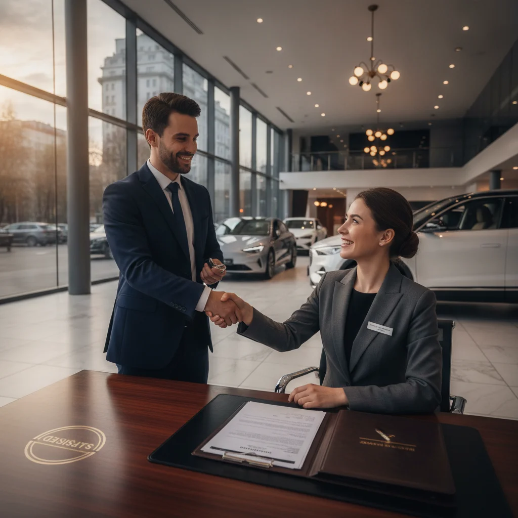 Informed car buyer completing a purchase agreement at a dealership with confidence