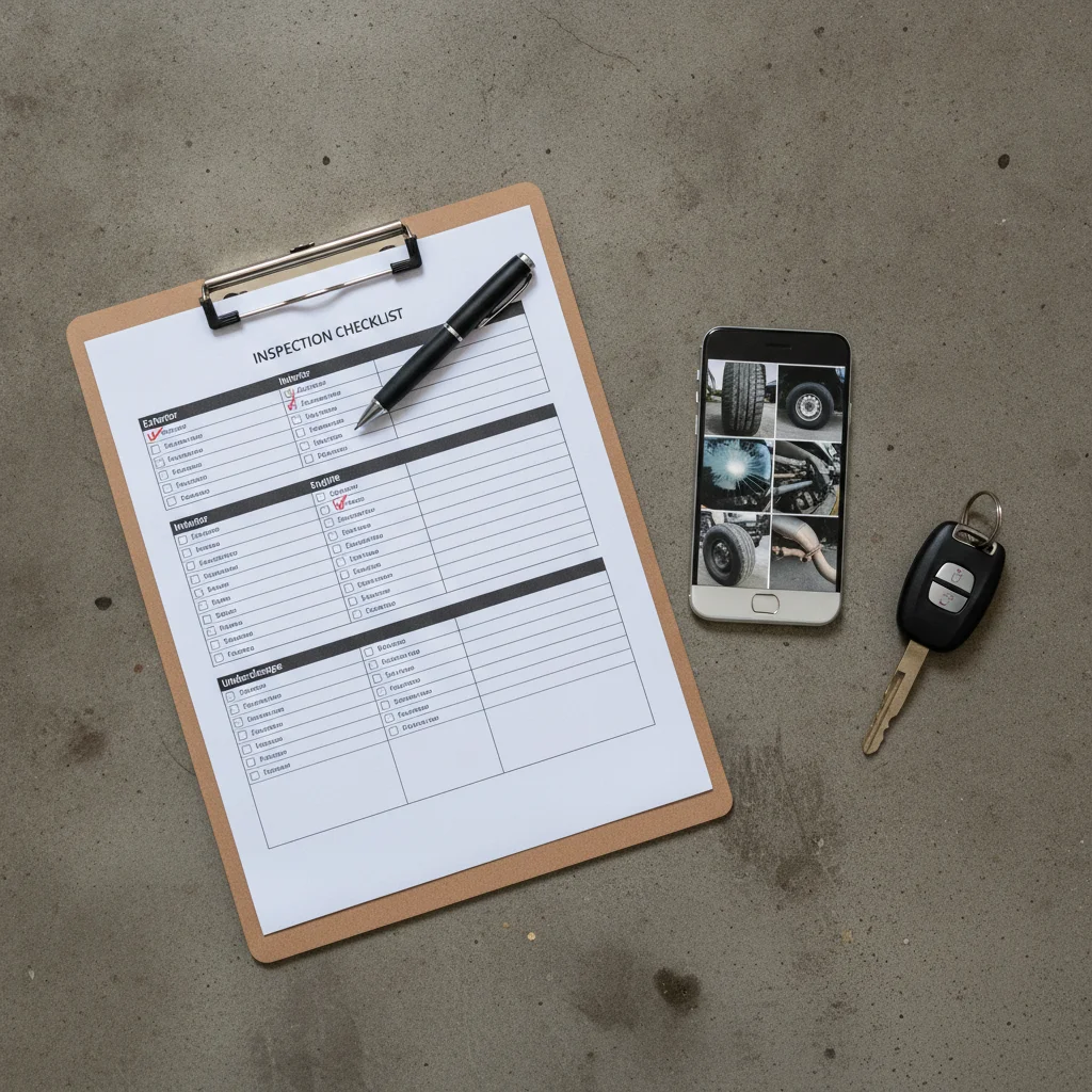 Clipboard with vehicle condition checklist, smartphone with car photos, and car keys on garage floor