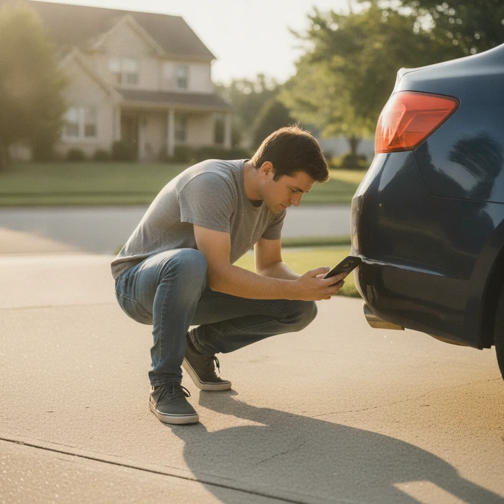 Person photographing a scuff mark on a used car's rear bumper in a residential driveway