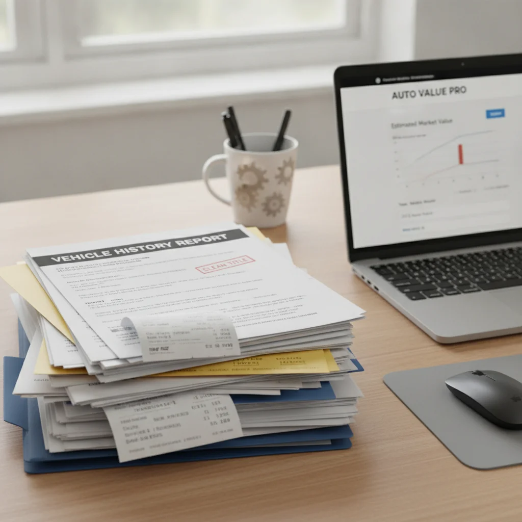 Service records, repair receipts, and a vehicle history report organized on a desk next to a laptop