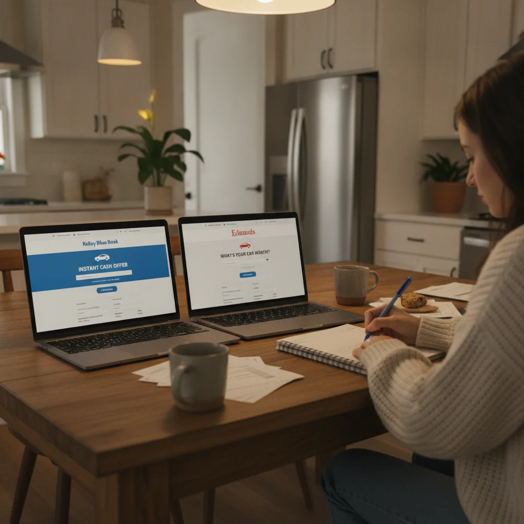 Person comparing vehicle valuation results on two laptops while taking notes at a kitchen table