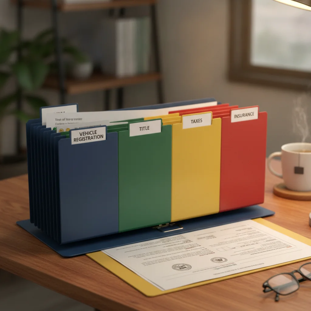Open accordion file folder with labeled tabs for vehicle title, registration, tax, and insurance documents