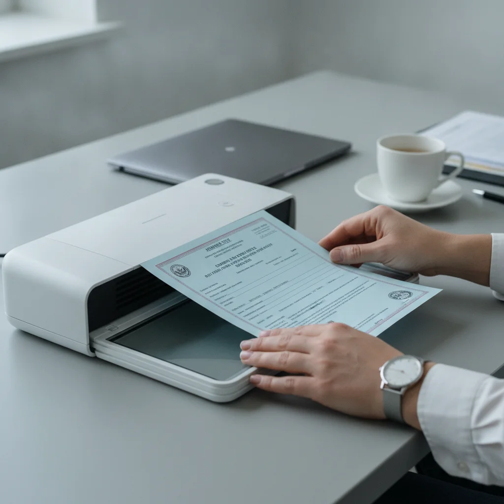 Hands placing a vehicle title document on a flatbed scanner to create a digital backup copy