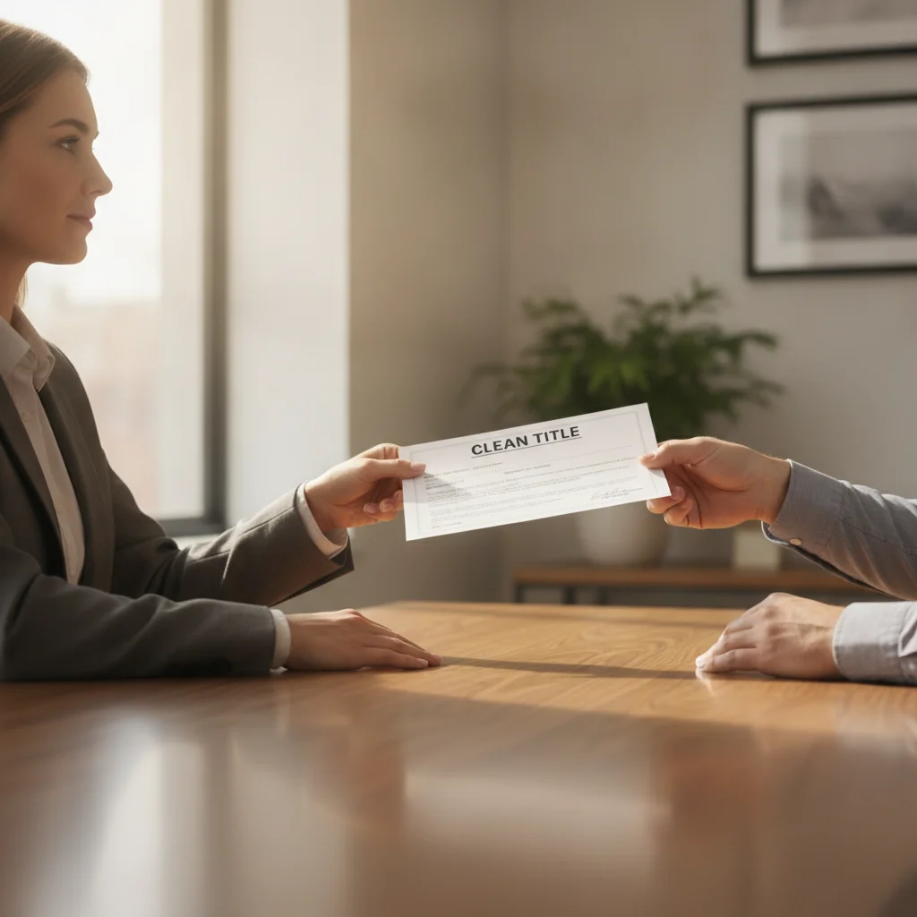Vehicle seller handing a clean title document to a buyer at a table during a private car sale