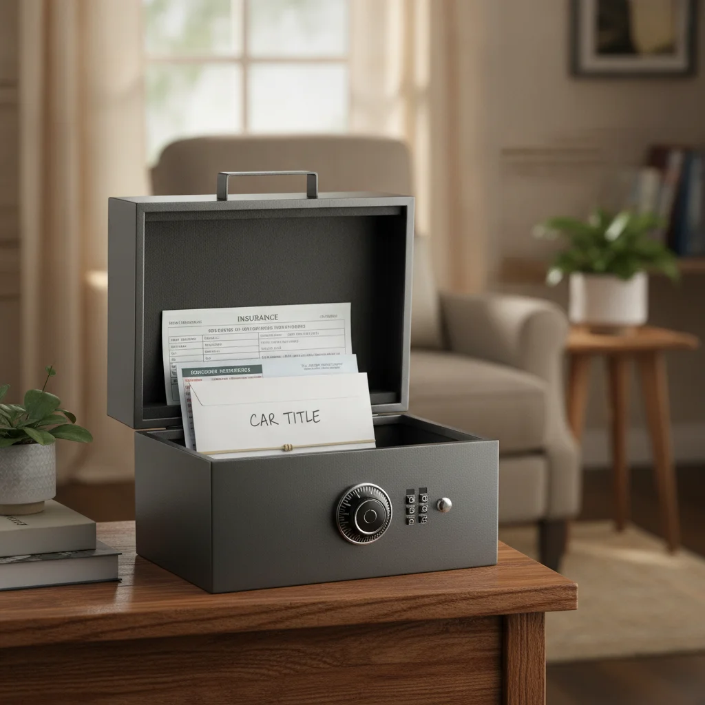 Open fireproof document safe containing vehicle title and ownership papers stored on a home shelf