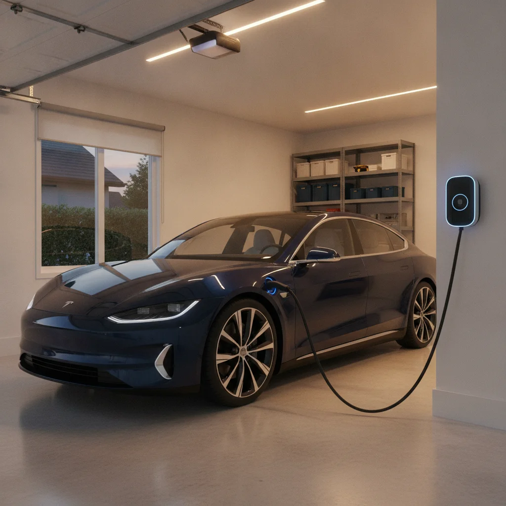 A battery electric vehicle charging at a Level 2 home charging station in a suburban garage