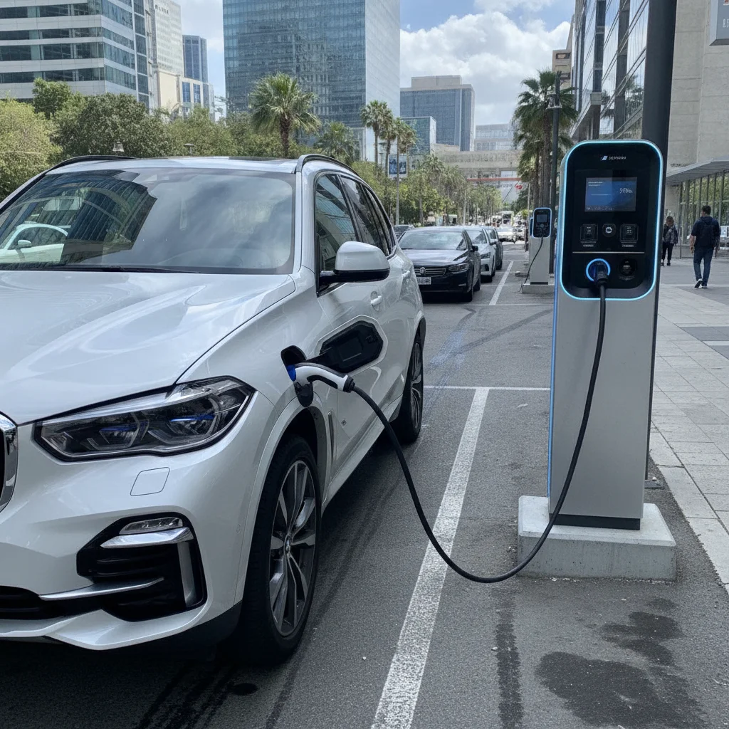 A plug-in hybrid SUV connected to a public charging station with its charge port open