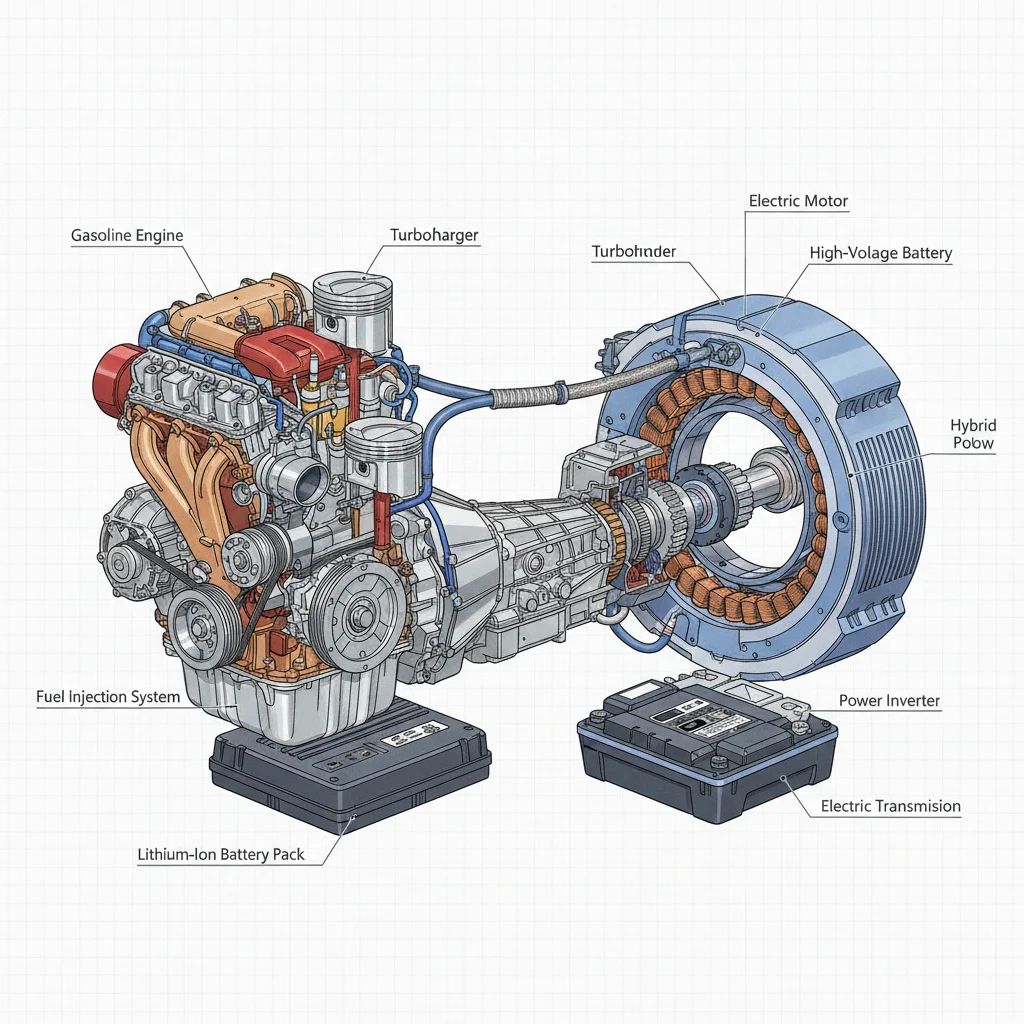 Cutaway illustration showing the dual powertrain layout of a conventional hybrid vehicle with both engine and motor