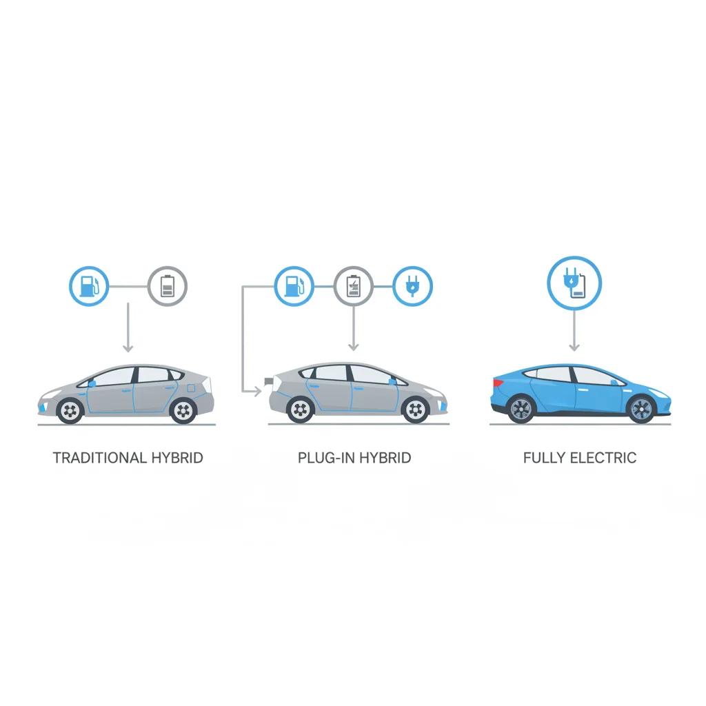 Side-by-side diagram comparing HEV, PHEV, and BEV vehicle types and their power sources