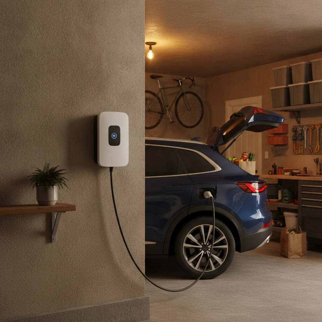 A Level 2 home charging station plugged into an electric SUV inside a residential garage
