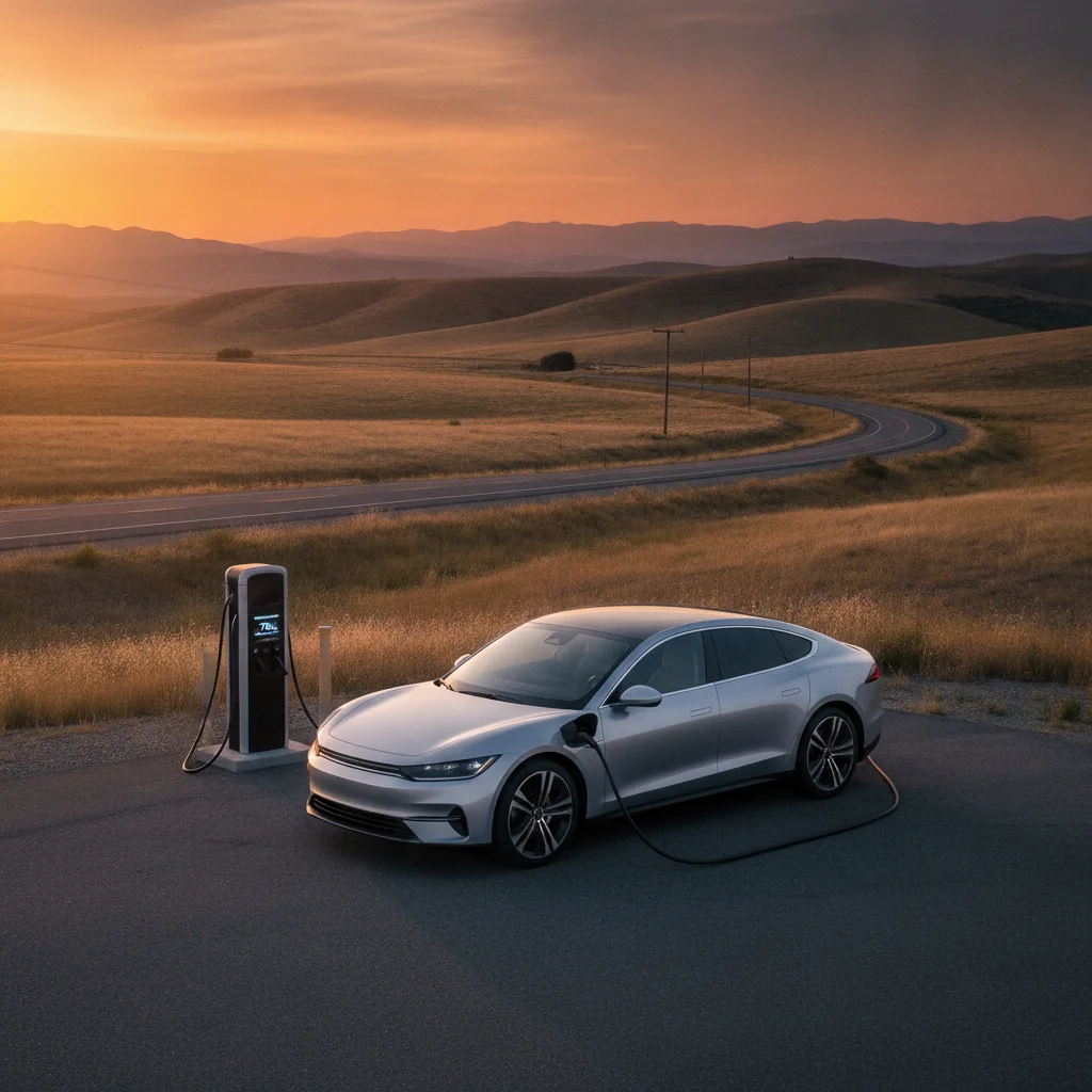 An electric vehicle charging at a lone DC fast charging station along a rural highway at sunset