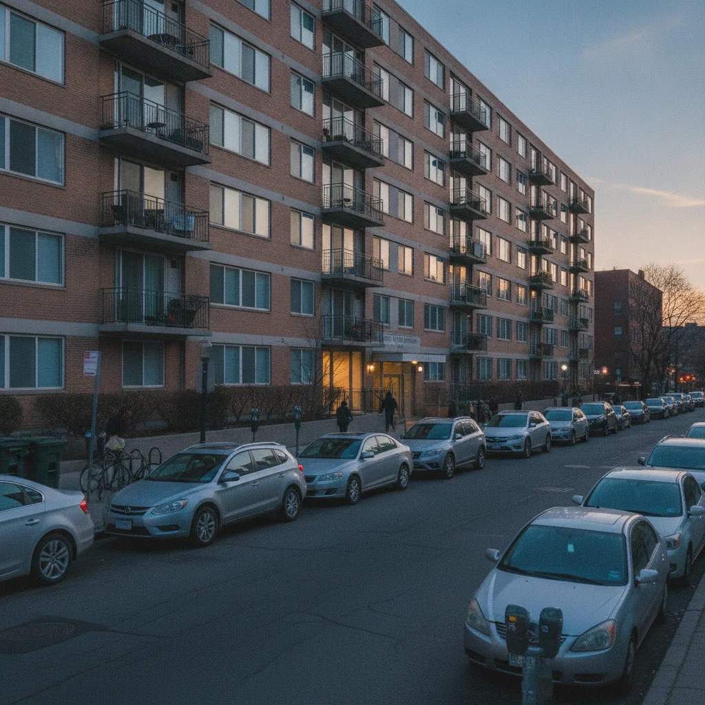 Apartment building with cars parked on the street and no visible EV charging stations