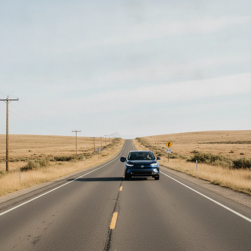 Plug-in hybrid SUV driving through a remote rural highway with no charging infrastructure visible