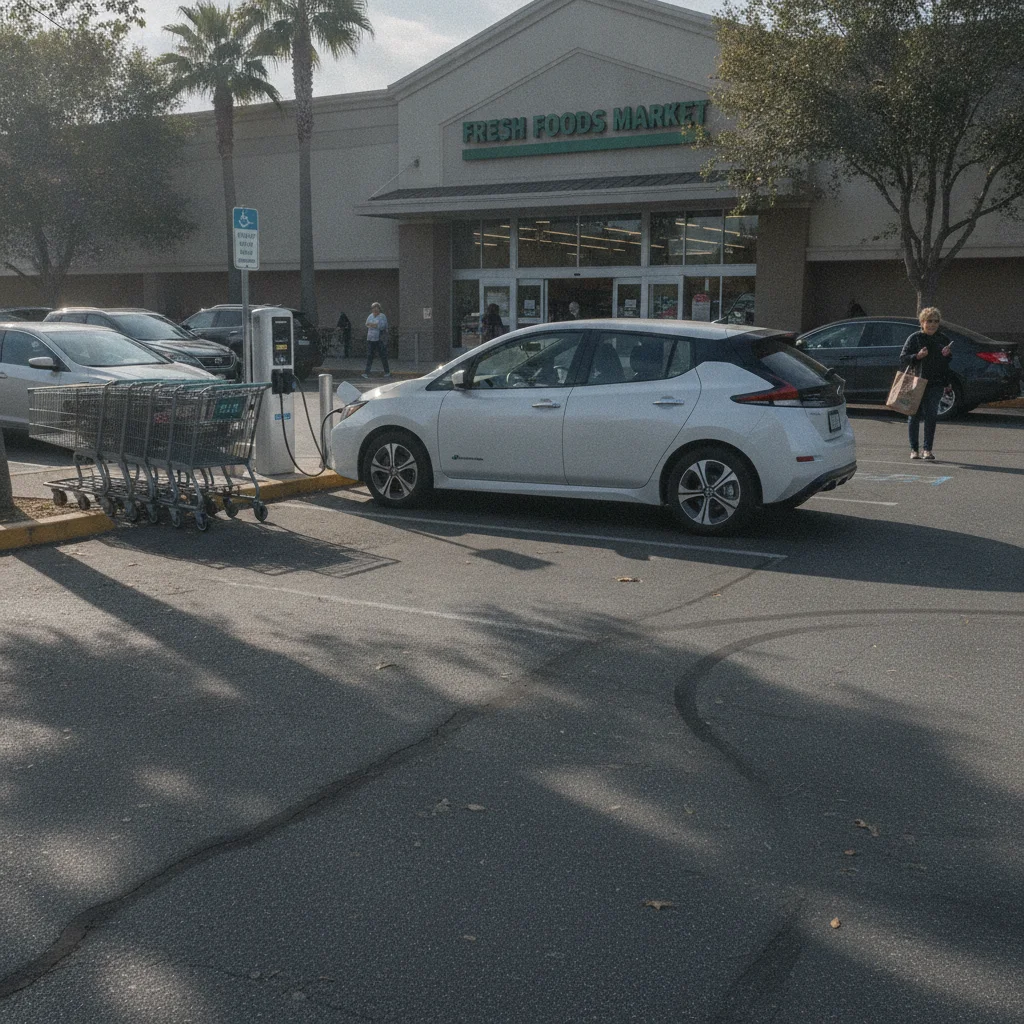 Electric vehicle plugged into a Level 2 charger at a grocery store parking lot during a routine shopping trip