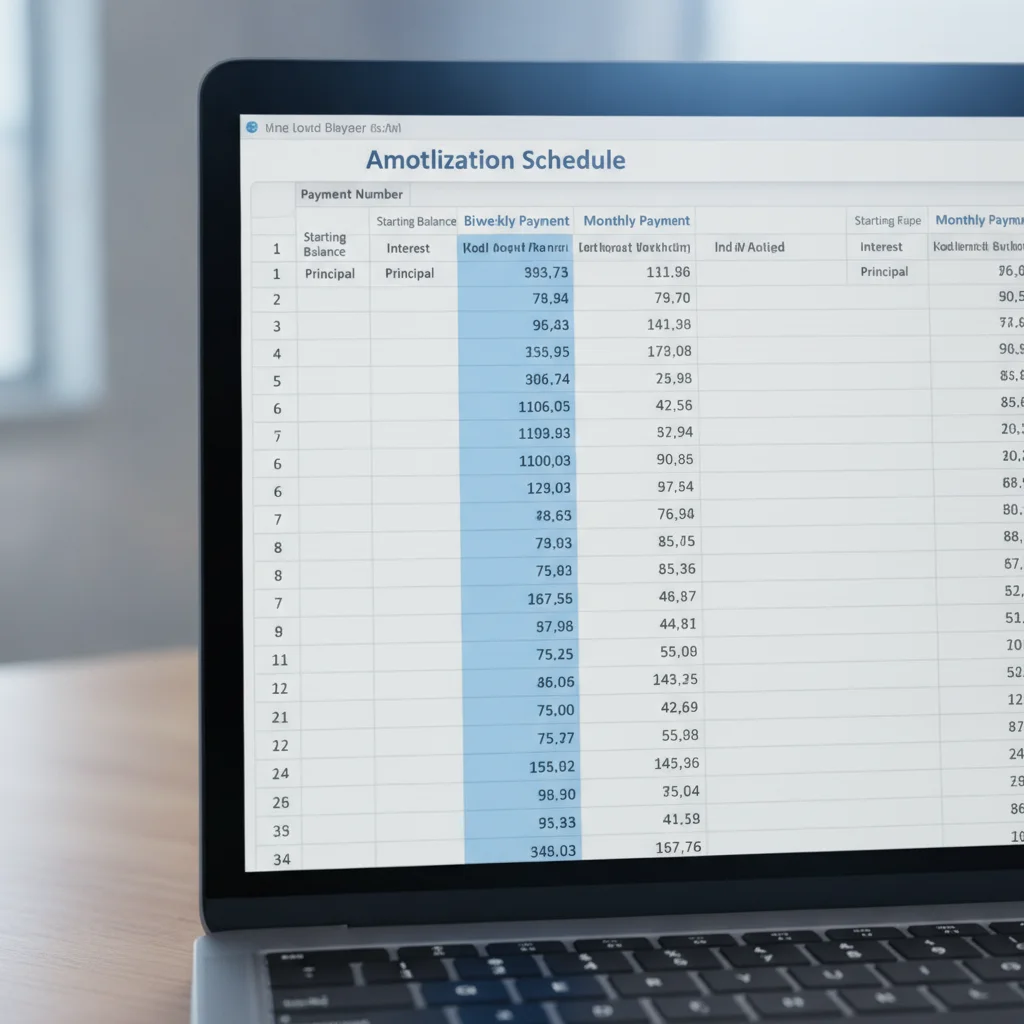 Amortization schedule spreadsheet comparing biweekly and monthly loan payment columns on a laptop screen