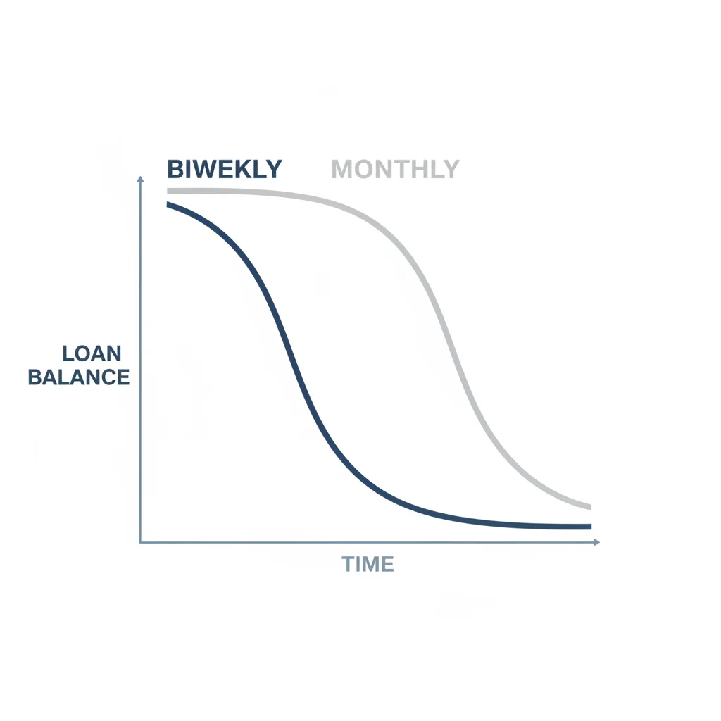Two curves showing loan balance declining faster under biweekly payments compared to monthly payments over time