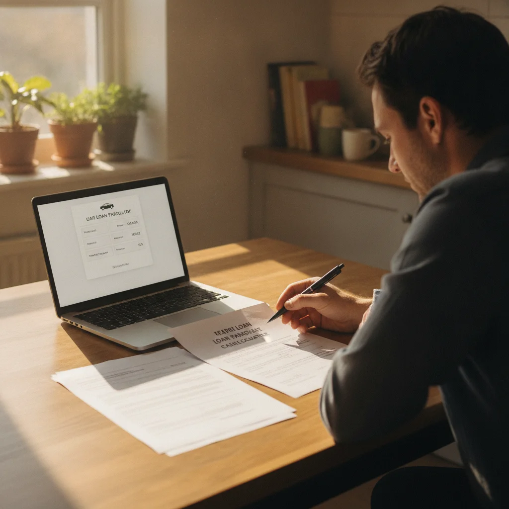 Person reviewing car loan paperwork at a kitchen table with a payment calculator open on a laptop