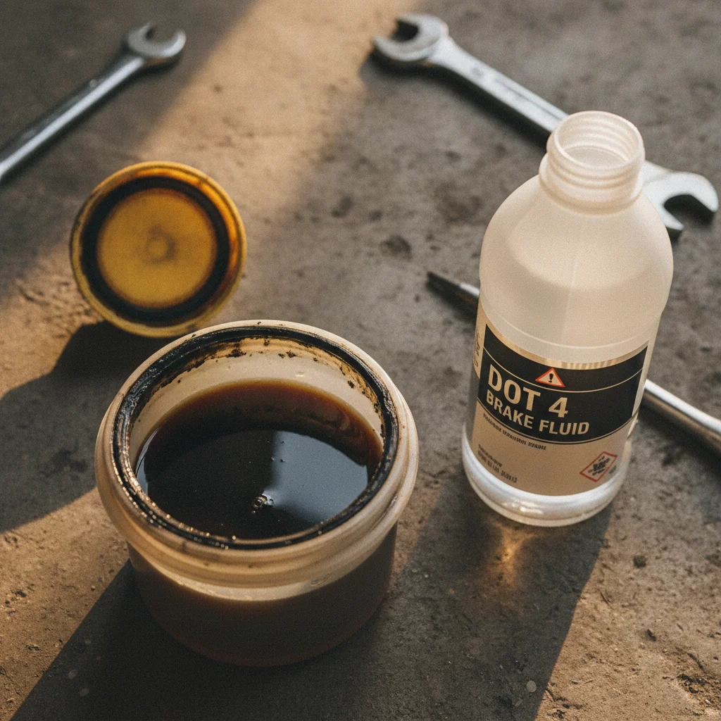 Open brake fluid reservoir showing dark, degraded fluid beside a new bottle of DOT 4 brake fluid