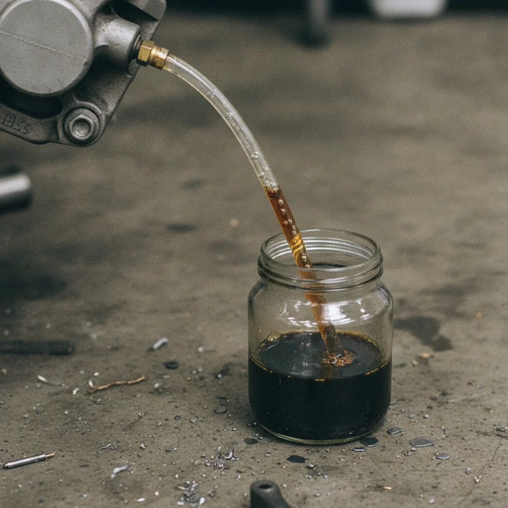 Clear bleed tube on a brake caliper showing air bubbles being purged into a collection jar