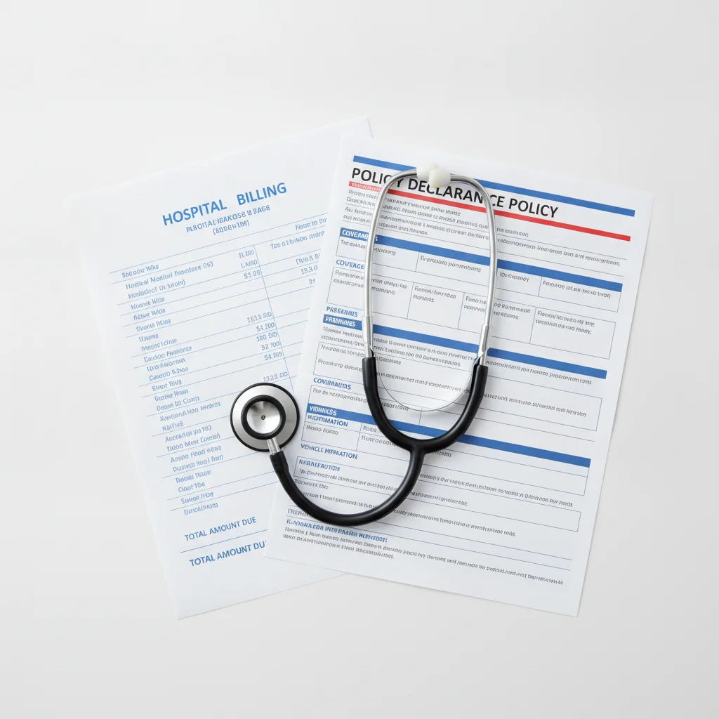 Hospital billing documents and stethoscope resting on an auto insurance policy, representing bodily injury claims