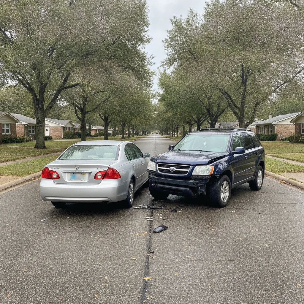 Two cars after a rear-end collision showing visible damage to the rear vehicle's bumper and trunk