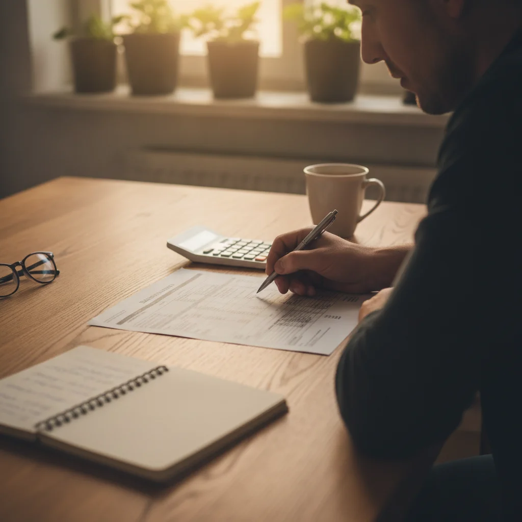 Person reviewing an auto insurance declarations page with a calculator and notebook on a kitchen table