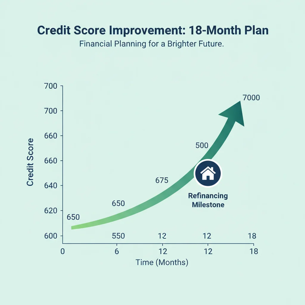 Credit score improvement timeline from 620 to 700 over 18 months with a refinancing milestone