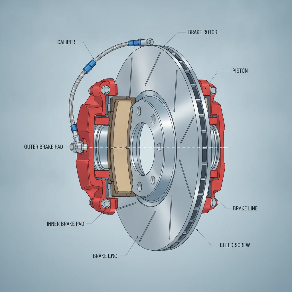 Technical cutaway illustration of a disc brake assembly showing rotor, caliper, pads, and lines