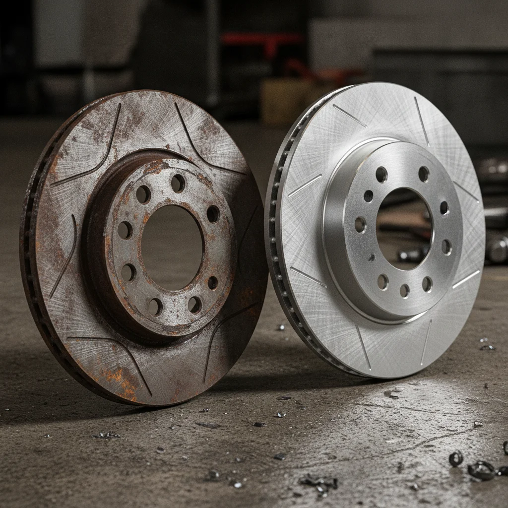 Side-by-side comparison of a deeply scored worn brake rotor and a new smooth rotor on a workshop floor