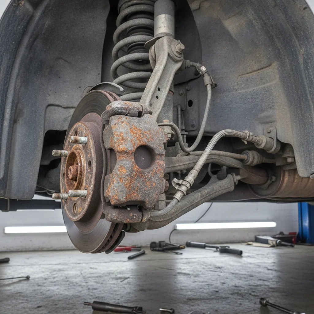 Underside of a vehicle showing brake caliper, rotor, and brake line routing in a workshop pit