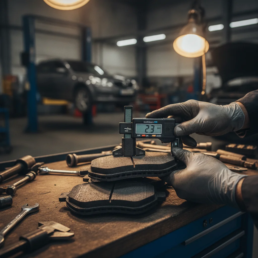 Mechanic measuring brake pad thickness with a digital gauge on a workshop bench