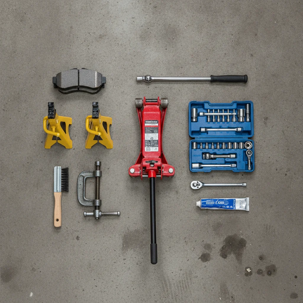 Brake pad replacement tools laid out on a garage floor including jack stands, socket set, and new pads