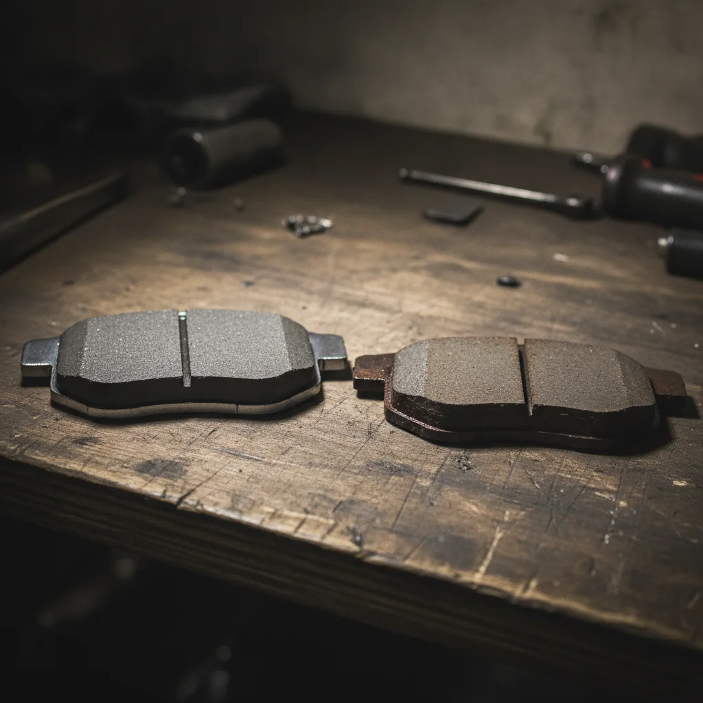 New thick brake pad next to a heavily worn thin brake pad showing the contrast in friction material thickness