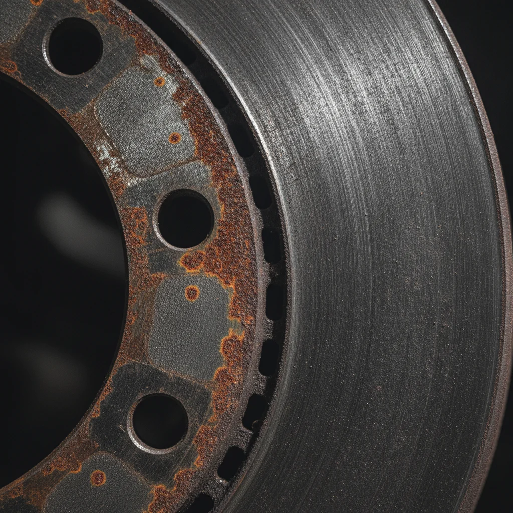 Scored and pitted brake rotor surface with deep grooves indicating it needs replacement