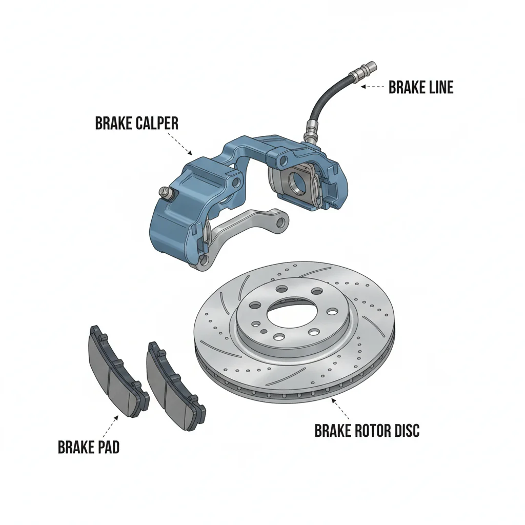 Illustrated diagram showing brake pad, rotor, caliper, and brake line as separate components
