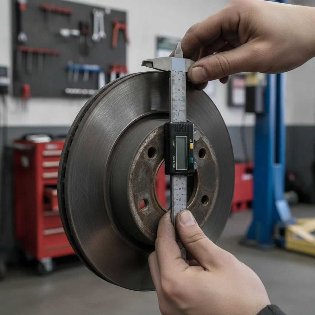 Mechanic measuring brake rotor thickness with a micrometer tool in an automotive workshop