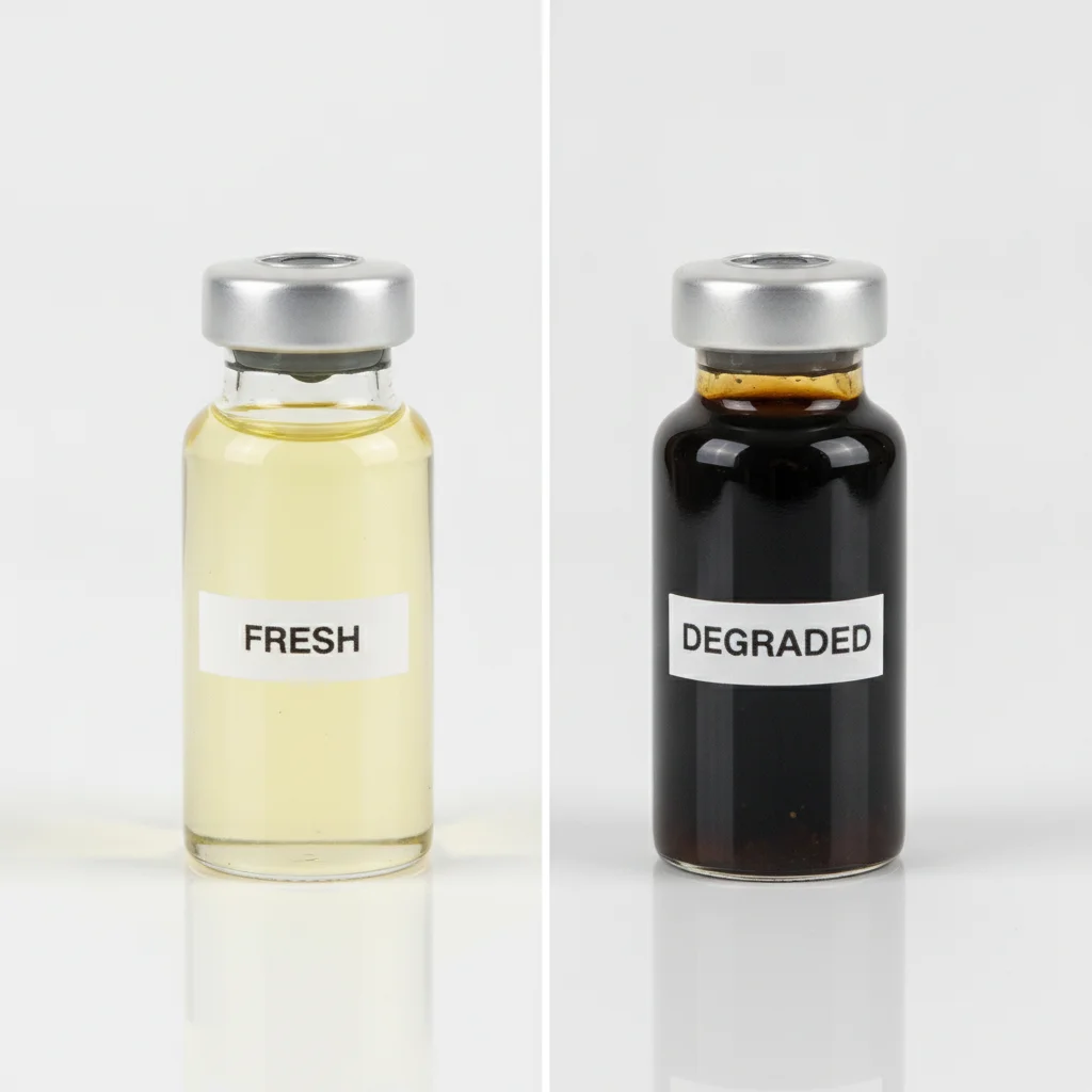Two vials of brake fluid side by side — one clear and fresh, one dark brown and degraded