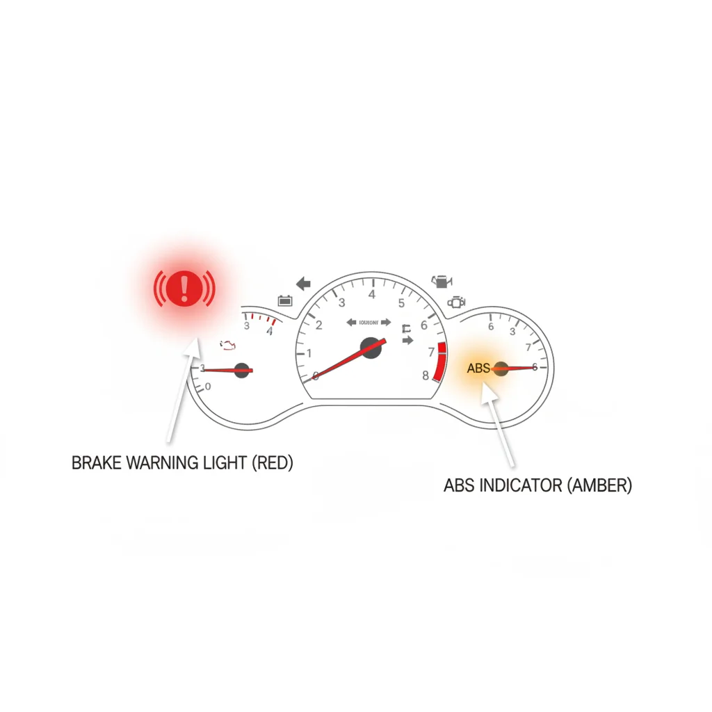 Diagram of instrument cluster showing red brake warning light and amber ABS warning light symbols with labels