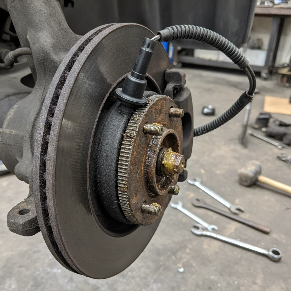 Wheel speed sensor and toothed tone ring mounted on a vehicle wheel hub near the brake rotor