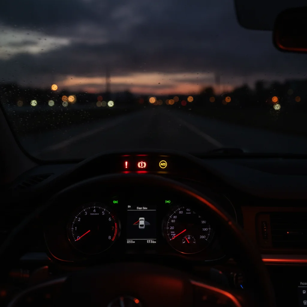 Driver's view of dashboard with both red brake light and yellow ABS light illuminated simultaneously at dusk