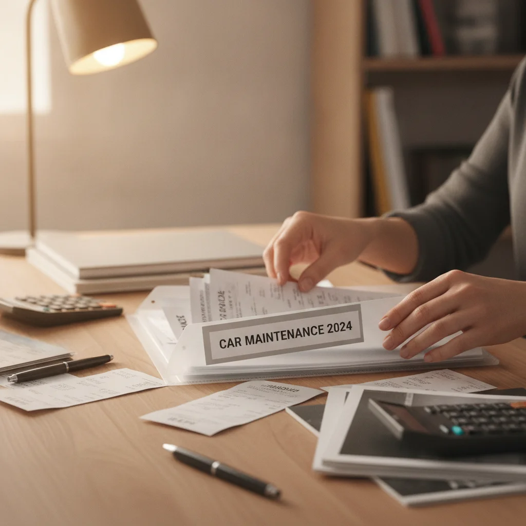 Person organizing automotive service receipts and maintenance documents into a labeled folder