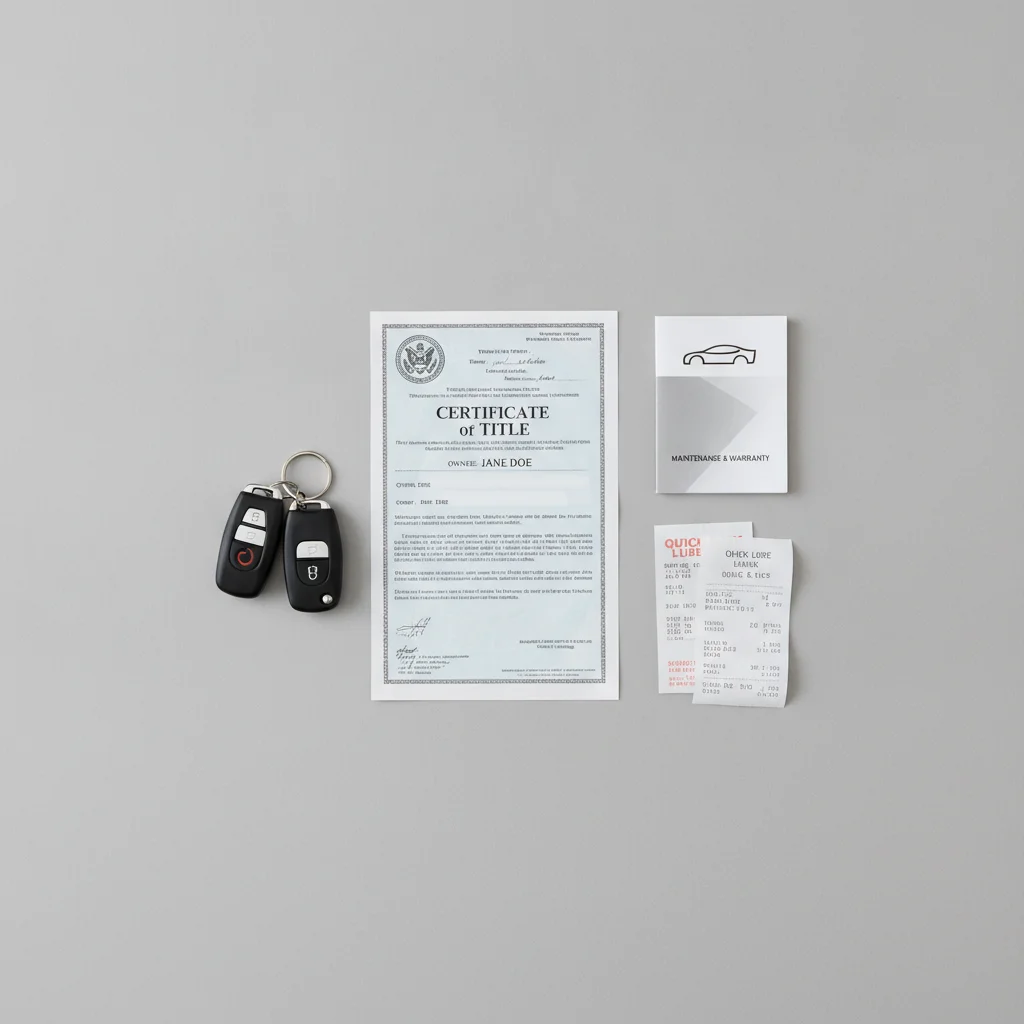 Vehicle title, warranty booklet, oil change receipts, and two car keys arranged on a grey surface