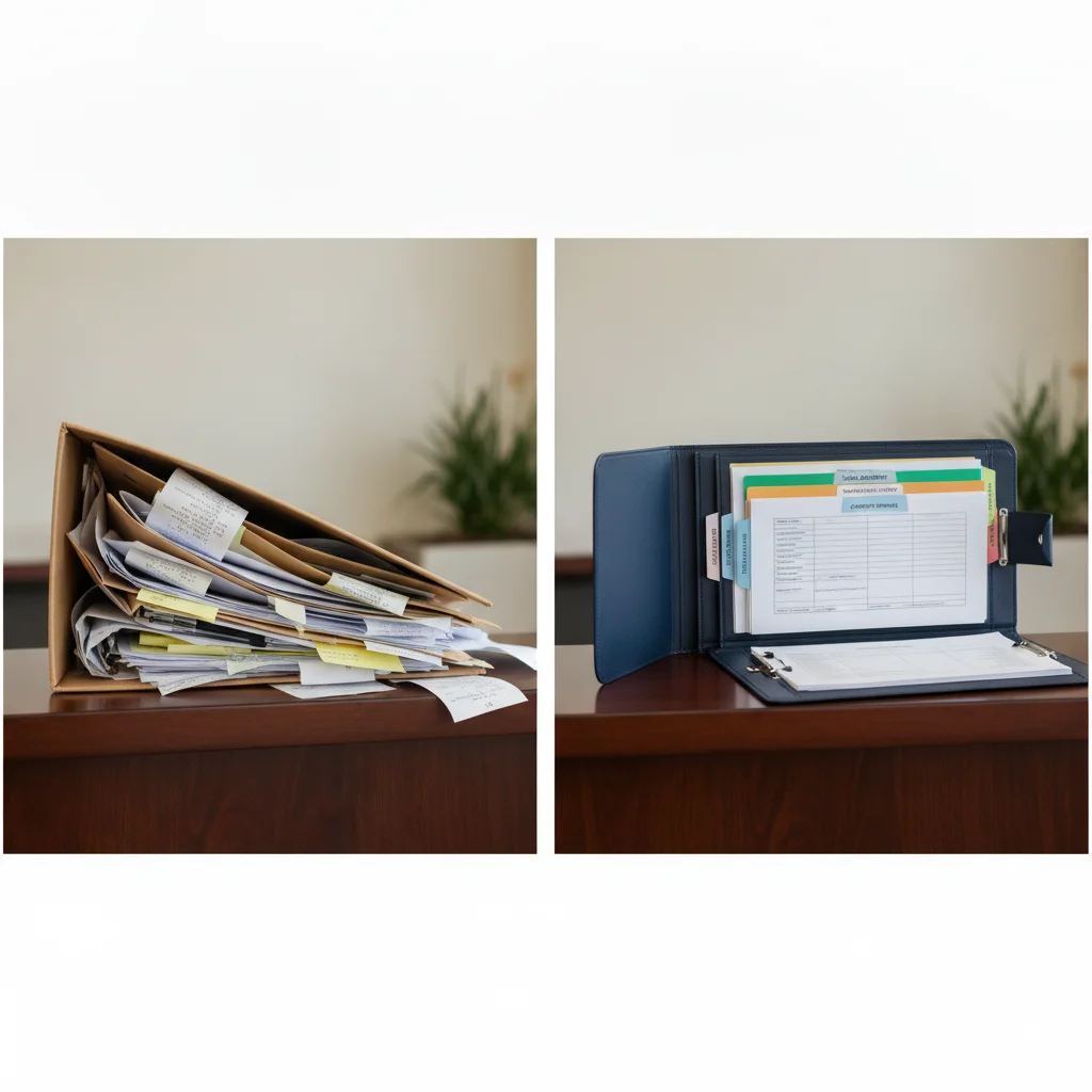 Two document folders side by side — one disorganized and one neatly labeled — on a dealership counter
