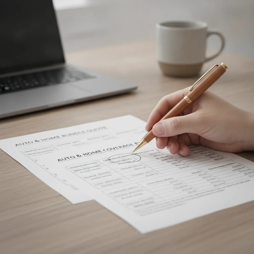 A person comparing two insurance quote documents on a desk with a pen in hand